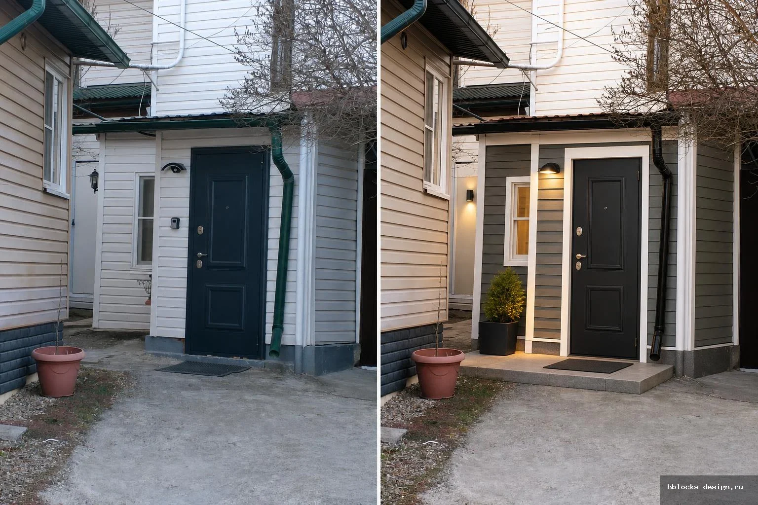 House exterior · Фасад

[Дополнительные указания к генерации]
Композиция результата: одно итоговое изображение, на котором наглядно показаны «до» и «после» (например, левая и правая часть кадра или верх и низ). Исходное состояние и результат после правок должны быть на эт