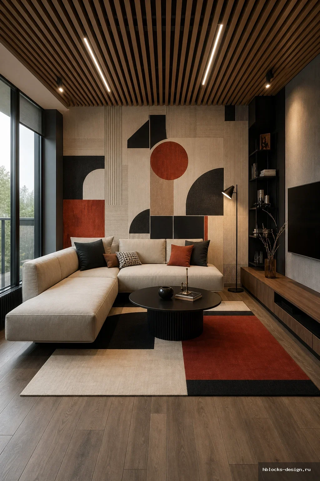 Living room · Авангард
Элементы: Отделка: деревянный реечный потолок, выраженная акцентная стена, обои с выраженным рисунком, ламинат на полу