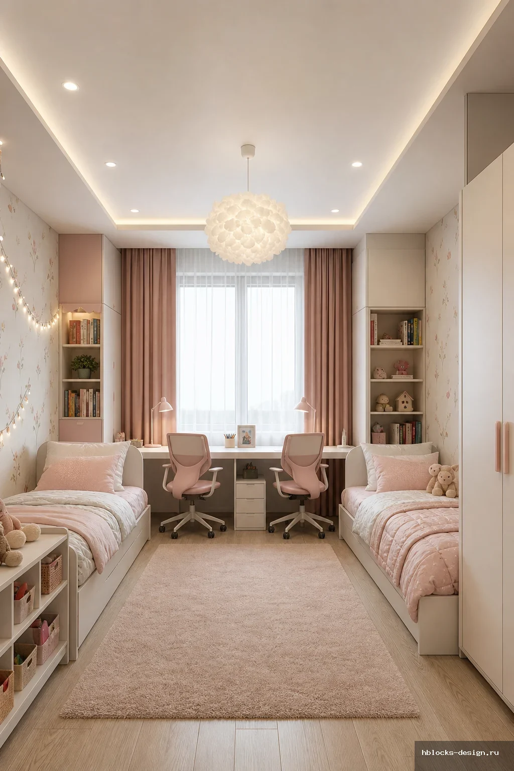 Bedroom · Детская комната для 2 девочек, с 2 отдельными кроватями и рабочими местами
Элементы: Мебель: детская кровать, детский письменный стол, эргономичный детский стул, детский книжный стеллаж, система хранения игрушек, детский шкаф для одежды
Инструкция п