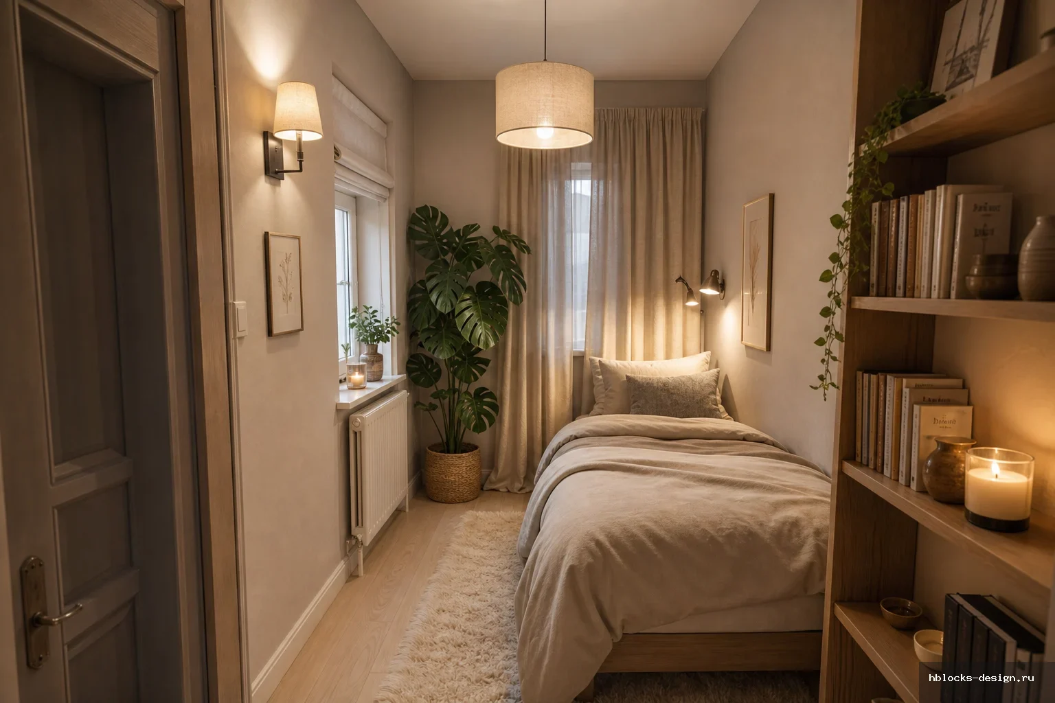Bedroom · Уютная узкая спальня в скандинавском минималистичном стиле,
бежевые и тёпло-серые стены, светлый деревянный пол,
льняные шторы до пола, небольшая кровать с нейтральным
постельным бельём, тёплый свет от торшера и бра,
большая монстера в углу, миним