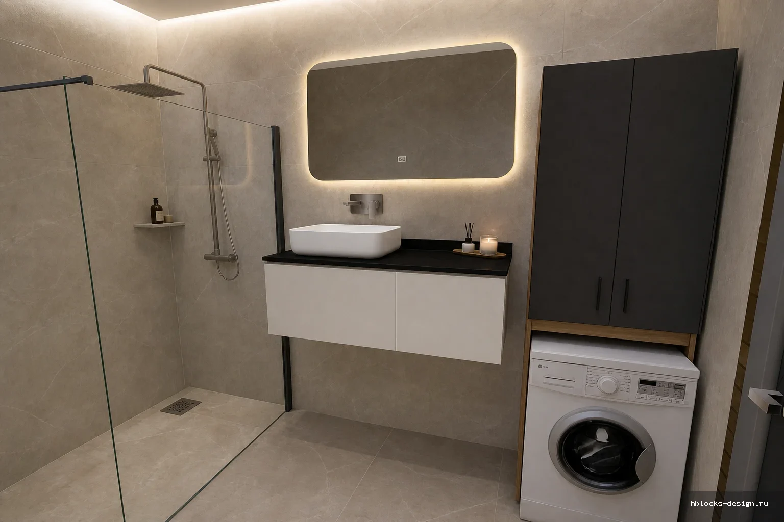 Bath room · Минимализм
Элементы: Отделка: матовый натяжной потолок, скрытая LED-подсветка потолка, крупноформатный керамогранит на стенах, пол из керамогранита, система теплого пола
Дополнительно: Создай реалистичную отделку стен ванной комнаты
Инструкция по