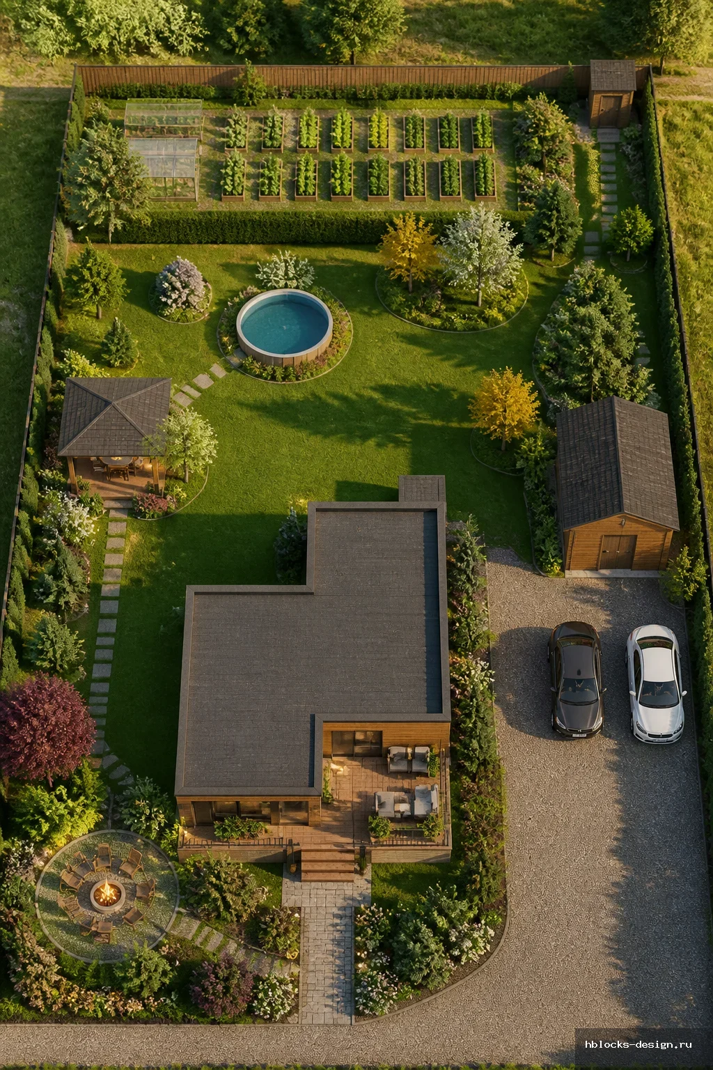 Outdoor garden · Деревенский (кантри)
Элементы: Озеленение: ухоженный газон, структурные цветники, декоративные кустарники, акцентные деревья, живая изгородь, композиции из хвойных, небольшой съедобный сад
Дополнительно: СПРАВА ОТ ДОМА НУЖНО РАСПОЛОЖИТЬ ПАРКОВКУ ПОД